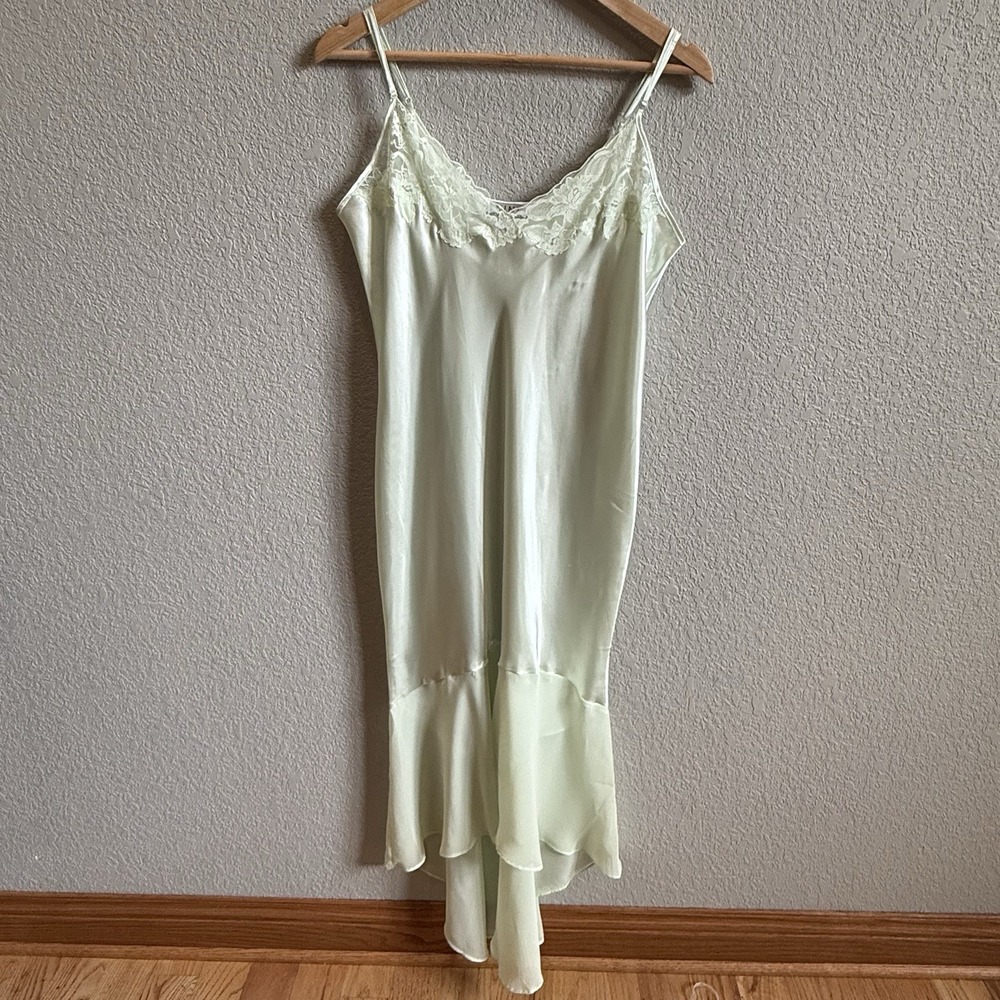 Nine & Company Silky Satin Slip Dress Nightgown Lace High-Low Tiered Light Green